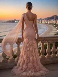 Mermaid/Trumpet One Shoulder Tulle Maxi Formal Dresses with 3D Flowers, Ruched Waist, Pleats & Sash