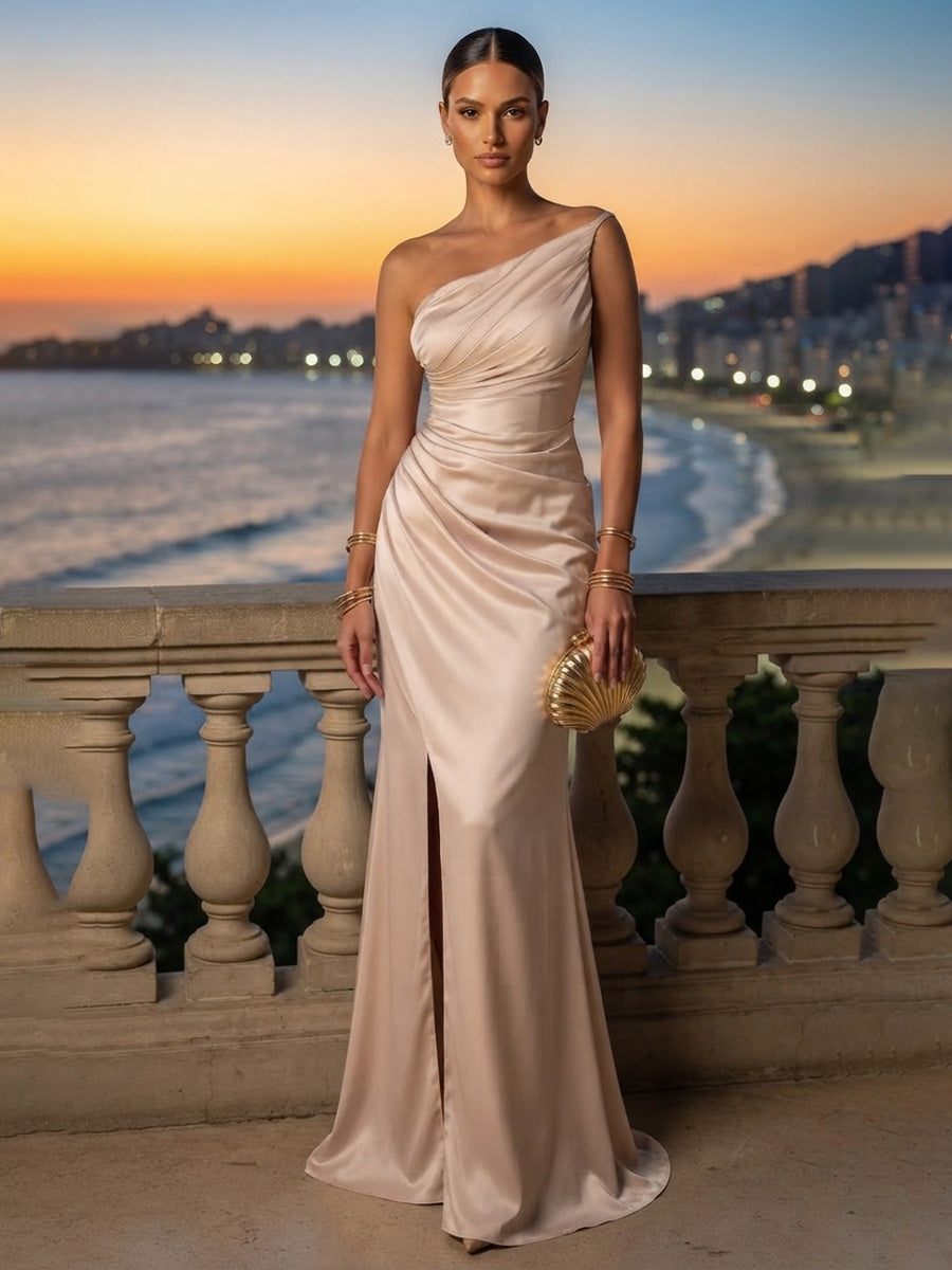 Sheath/Column One Shoulder Satin Maxi Formal Dresses with Ruched Waist & Slit