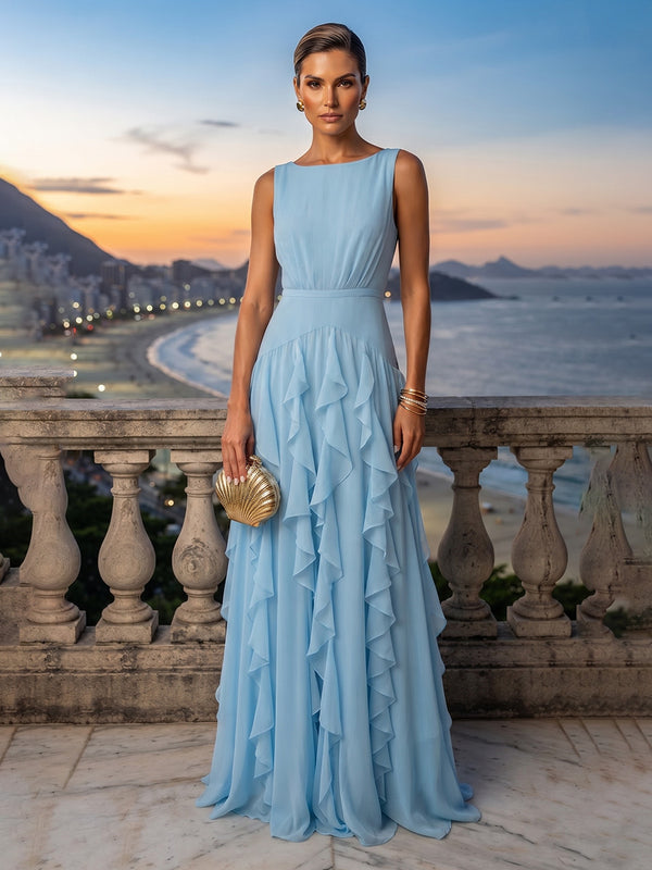 A-Line/Princess Scoop Neck Chiffon Maxi Formal Dresses with Ruffles & Pleats
