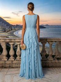 A-Line/Princess Scoop Neck Chiffon Maxi Formal Dresses with Ruffles & Pleats