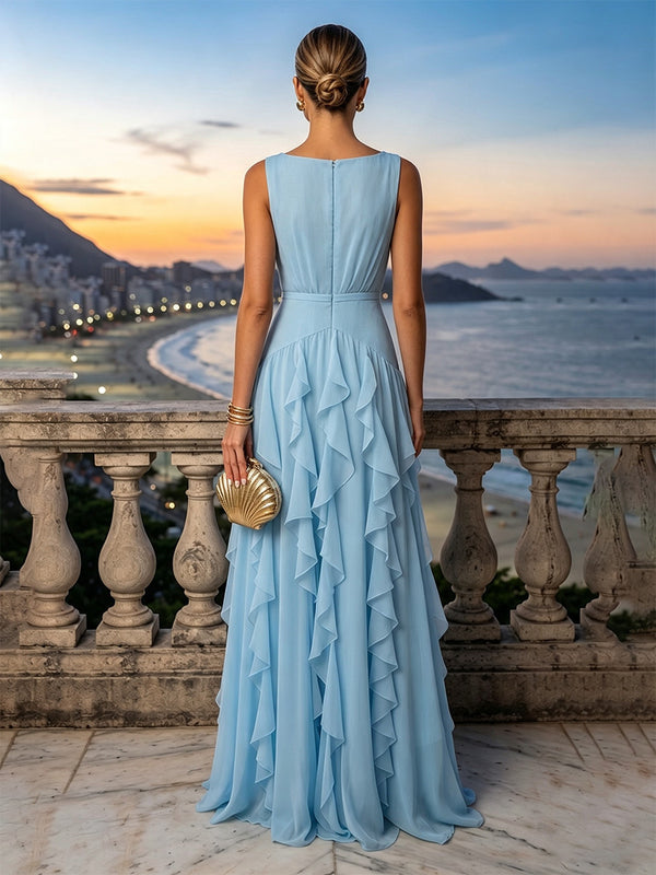 A-Line/Princess Scoop Neck Chiffon Maxi Formal Dresses with Ruffles & Pleats