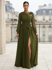 A-Line/Princess Scoop Neck Chiffon Maxi Formal Dresses with Lace Appliques, Sequin, Belt & Slit