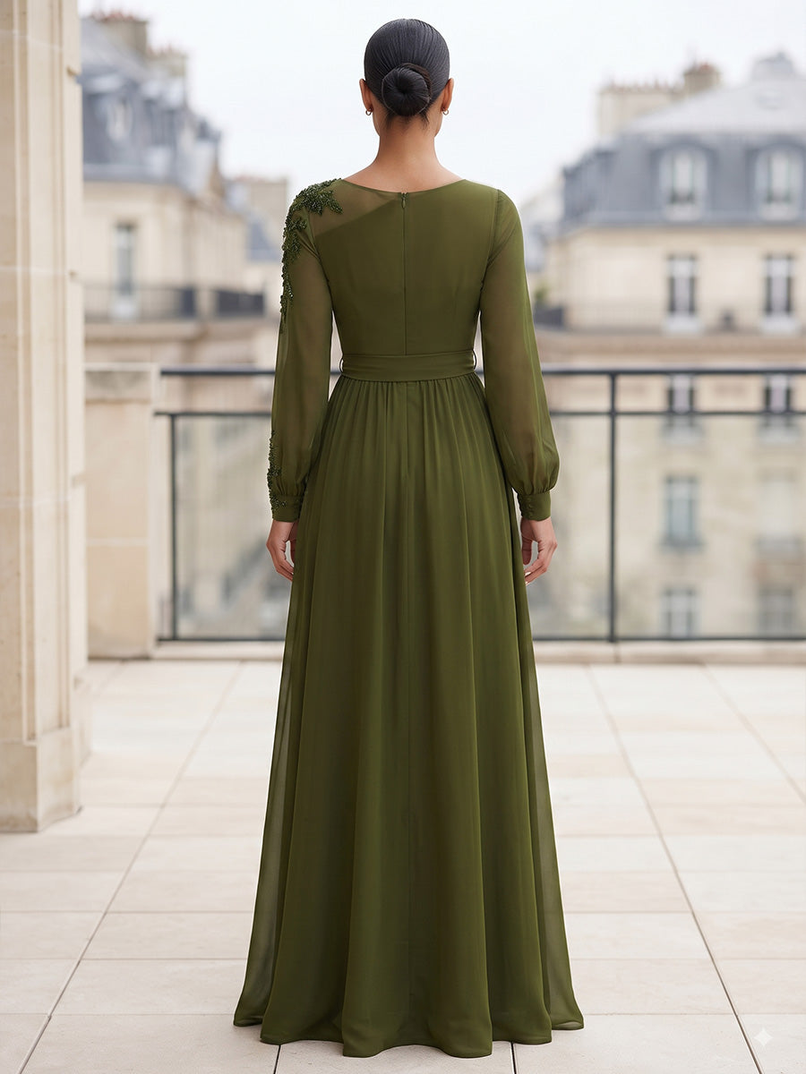 A-Line/Princess Scoop Neck Chiffon Maxi Formal Dresses with Lace Appliques, Sequin, Belt & Slit