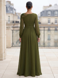 A-Line/Princess Scoop Neck Chiffon Maxi Formal Dresses with Lace Appliques, Sequin, Belt & Slit