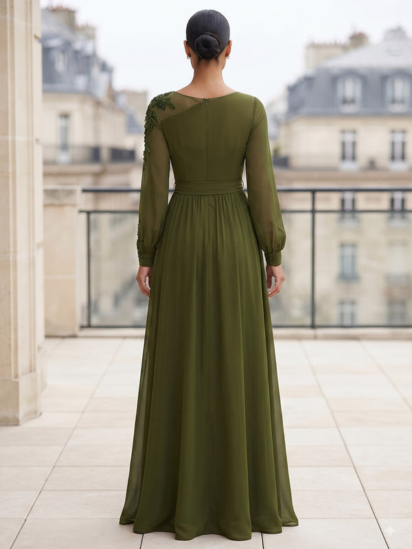 A-Line/Princess Scoop Neck Chiffon Maxi Formal Dresses with Lace Appliques, Sequin, Belt & Slit