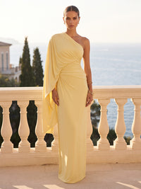 Sheath/Column One Shoulder Stretch Jersey Maxi Formal Dresses with Ruched Waist & Cape