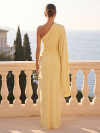 Sheath/Column One Shoulder Stretch Jersey Maxi Formal Dresses with Ruched Waist & Cape