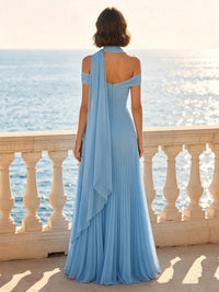 A-Line/Princess Off Shoulder Chiffon Maxi Formal Dresses with Scarf & Pleats