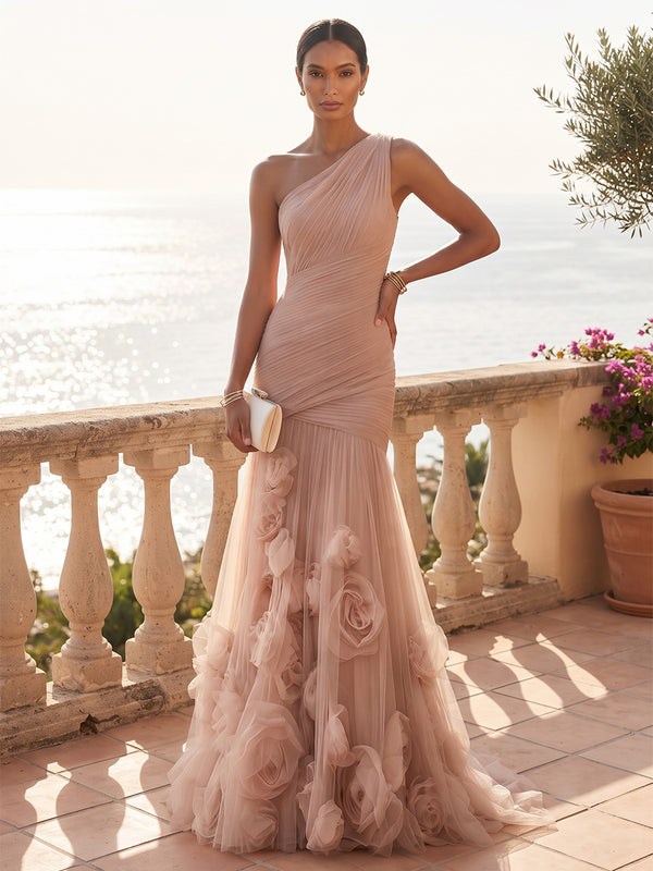 Mermaid/Trumpet One Shoulder Tulle Maxi Formal Dresses with 3D Flowers, Ruched Waist & Pleats