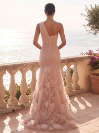 Mermaid/Trumpet One Shoulder Tulle Maxi Formal Dresses with 3D Flowers, Ruched Waist & Pleats
