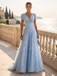 A-Line/Princess V-Neck Tulle Maxi Formal Dresses with 3D Flowers, Ruched Bodice & Pleats
