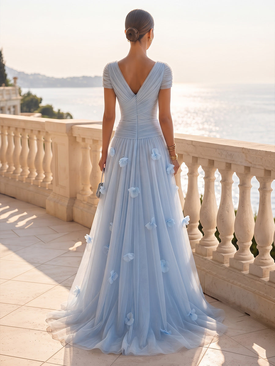 A-Line/Princess V-Neck Tulle Maxi Formal Dresses with 3D Flowers, Ruched Bodice & Pleats