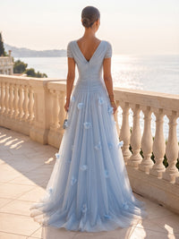 A-Line/Princess V-Neck Tulle Maxi Formal Dresses with 3D Flowers, Ruched Bodice & Pleats