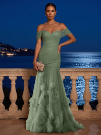 Mermaid/Trumpet Off Shoulder Tulle Maxi Formal Dresses with 3D Flowers, Ruched Waist & Pleats