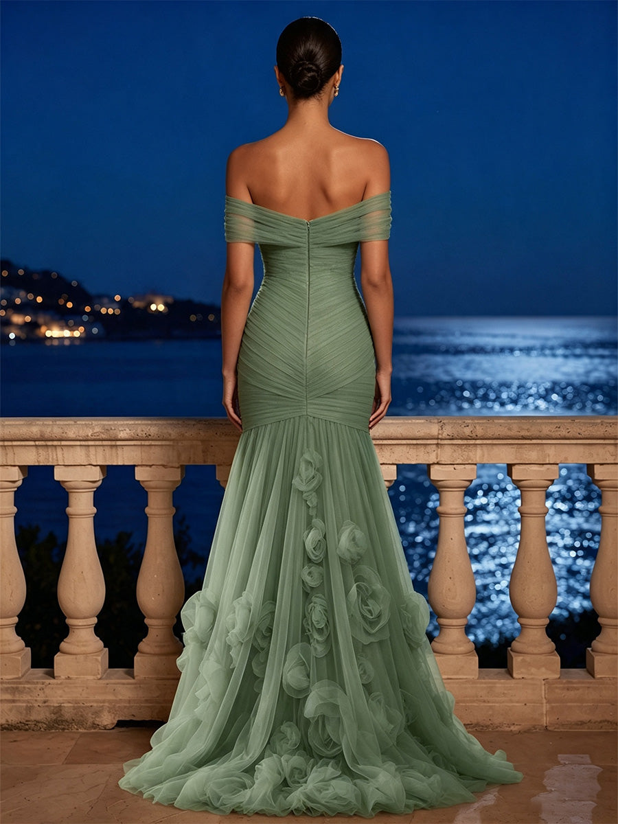 Mermaid/Trumpet Off Shoulder Tulle Maxi Formal Dresses with 3D Flowers, Ruched Waist & Pleats