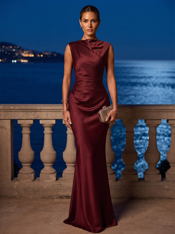 Mermaid/Trumpet Scoop Neck Satin Maxi Formal Dresses with Ruched Waist
