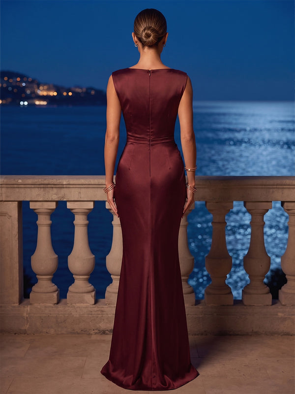Mermaid/Trumpet Scoop Neck Satin Maxi Formal Dresses with Ruched Waist