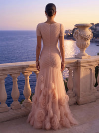 Mermaid/Trumpet V-Neck Tulle Maxi Formal Dresses with 3D Flowers, Ruched Waist & Pleats