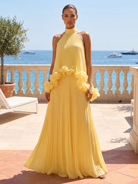 A-Line/Princess Halter Chiffon Maxi Formal Dresses with Ruffles & Pleats