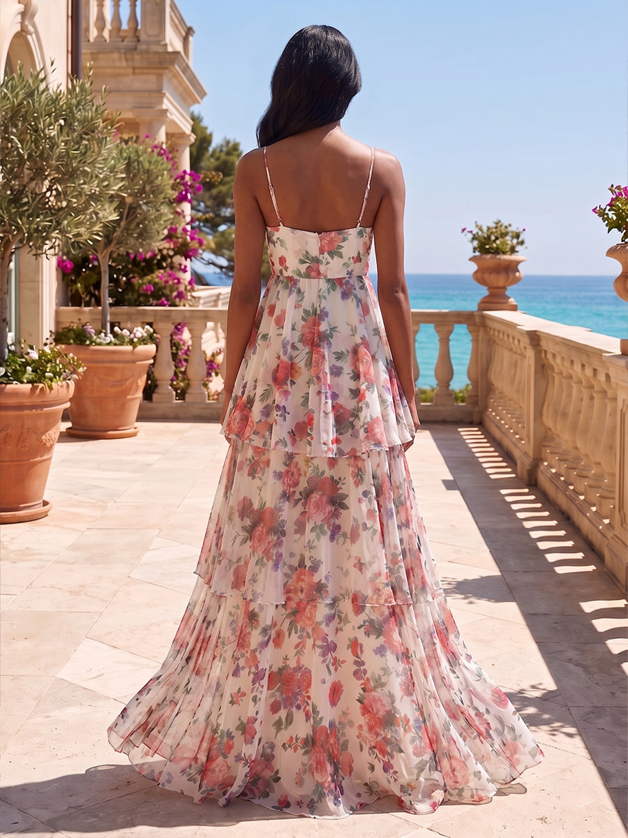 A-Line/Princess Spaghetti Straps Floral Print Maxi Formal Dresses with Tiered Layers & Pleats