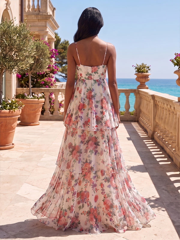 A-Line/Princess Spaghetti Straps Floral Print Maxi Formal Dresses with Tiered Layers & Pleats