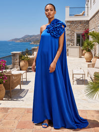 A-Line/Princess One Shoulder Satin Maxi Formal Dresses with 3D Flowers