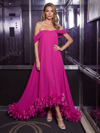 A-Line/Princess Off Shoulder Chiffon High-Low Formal Dresses with Feather Trim & Pleats
