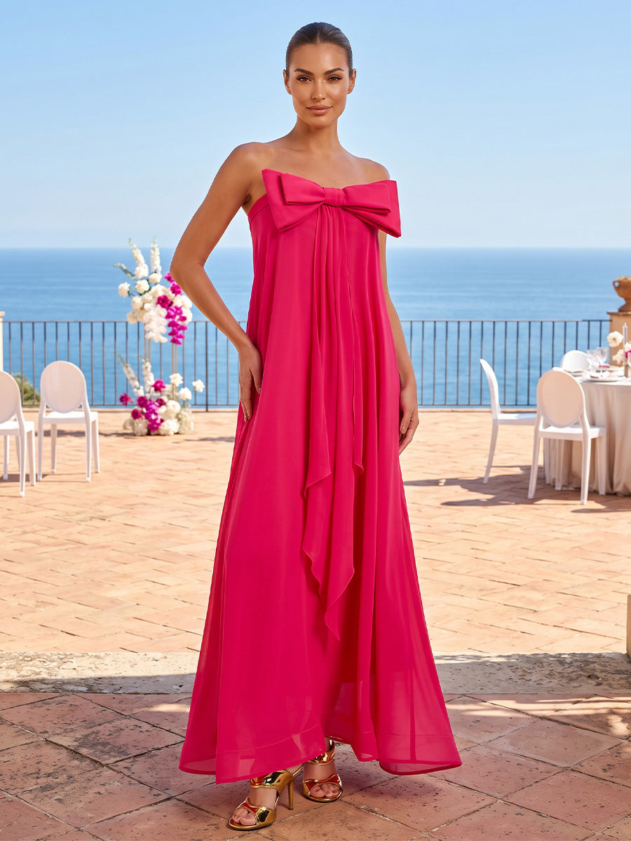 A-Line/Princess Strapless Chiffon Maxi Formal Dresses with Bow