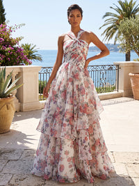 A-Line/Princess Halter Floral Print Maxi Formal Dresses with Tiered Layers & Ruched Waist