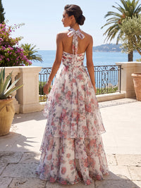 A-Line/Princess Halter Floral Print Maxi Formal Dresses with Tiered Layers & Ruched Waist