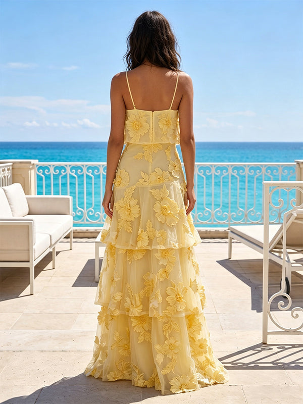 A-Line/Princess Spaghetti Straps Floral Embroidery Maxi Formal Dresses with Tiered Layers