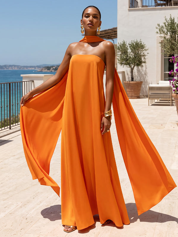 A-Line/Princess Strapless Satin Maxi Formal Dresses with Scarf