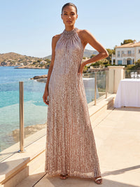 A-Line/Princess Halter Sequin Maxi Formal Dresses for Women