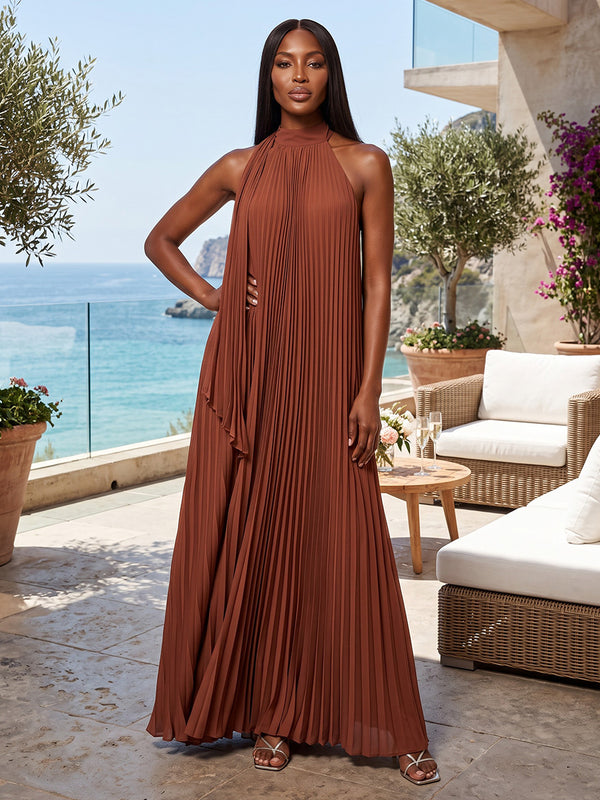 A-Line/Princess Halter Chiffon Maxi Formal Dresses with Pleats