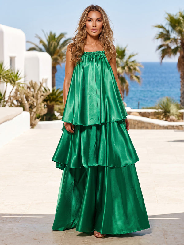 A-Line/Princess Spaghetti Straps Satin Maxi Formal Dresses with Tiered Layers