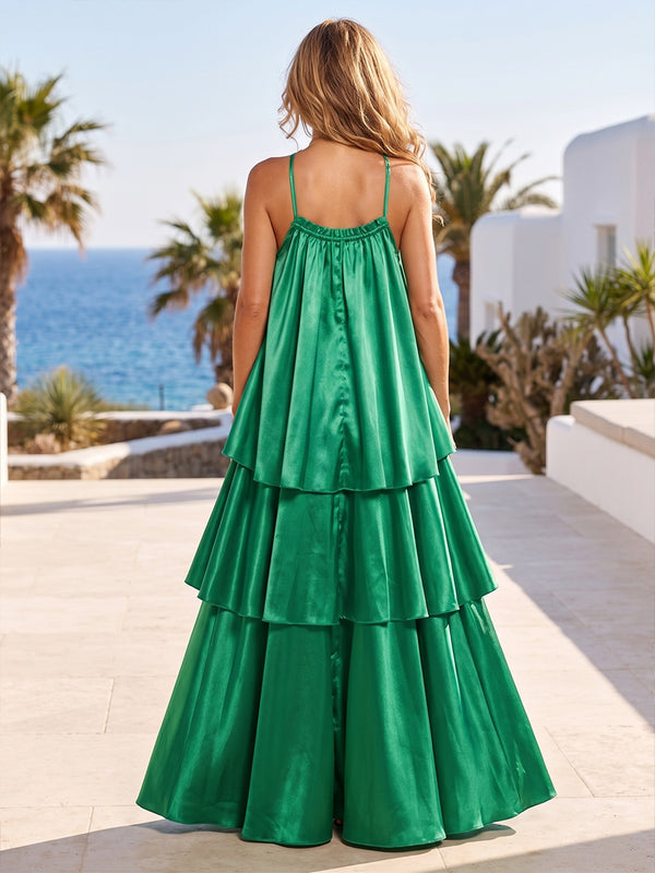 A-Line/Princess Spaghetti Straps Satin Maxi Formal Dresses with Tiered Layers