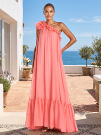 A-Line/Princess One Shoulder Chiffon Maxi Formal Dresses with Ruffles & Pleats
