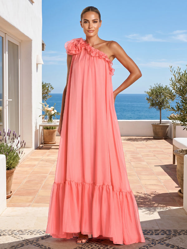 A-Line/Princess One Shoulder Chiffon Maxi Formal Dresses with Ruffles & Pleats