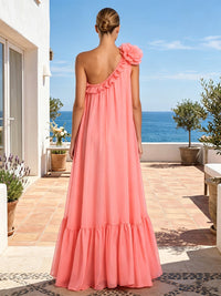 A-Line/Princess One Shoulder Chiffon Maxi Formal Dresses with Ruffles & Pleats