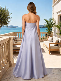 A-Line/Princess Strapless Satin Maxi Formal Dresses with Pleats