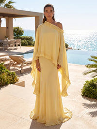 A-Line/Princess Off Shoulder Chiffon Maxi Formal Dresses with Ruffles & Cape