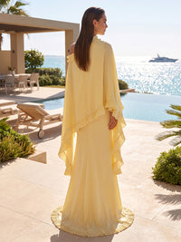A-Line/Princess Off Shoulder Chiffon Maxi Formal Dresses with Ruffles & Cape