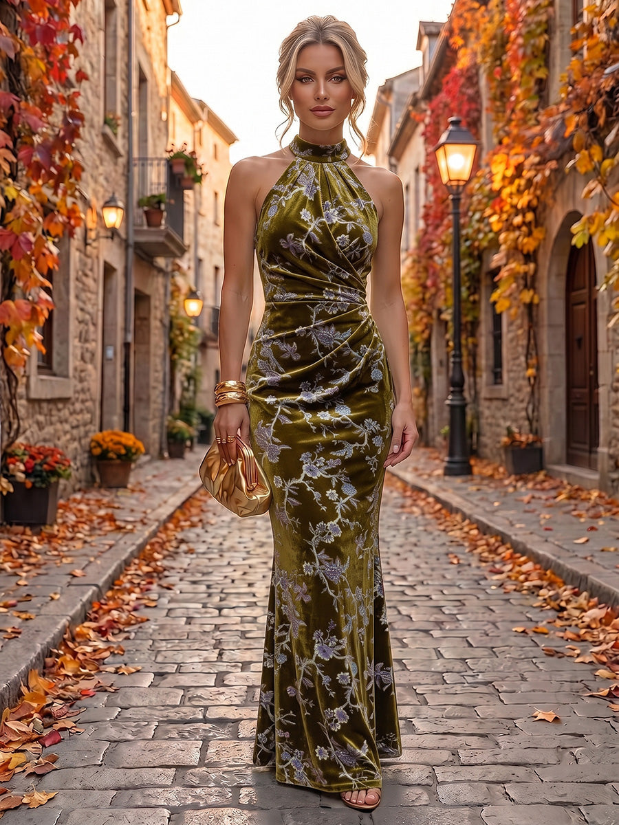Sheath/Column Halter Velvet Maxi Formal Dresses with Ruched Waist