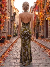 Sheath/Column Halter Velvet Maxi Formal Dresses with Ruched Waist
