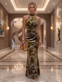 Sheath/Column Halter Velvet Maxi Formal Dresses with Ruched Waist