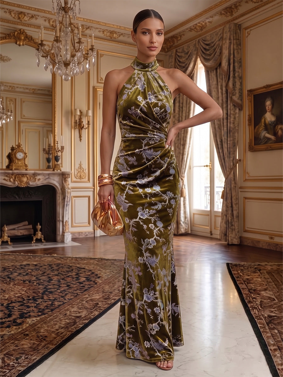 Sheath/Column Halter Velvet Maxi Formal Dresses with Ruched Waist