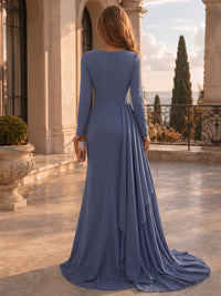 Sheath/Column Asymmetric Neck Chiffon Maxi Formal Dresses with 3D Flowers & Ruffles