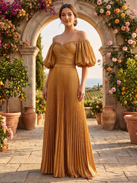 A-Line/Princess Off Shoulder Satin Maxi Formal Dresses with Pleats
