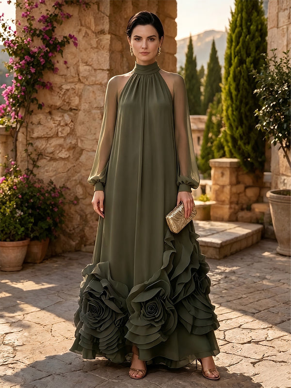 A-Line/Princess High Neck Chiffon Maxi Formal Dresses with Ruffles & Pleats