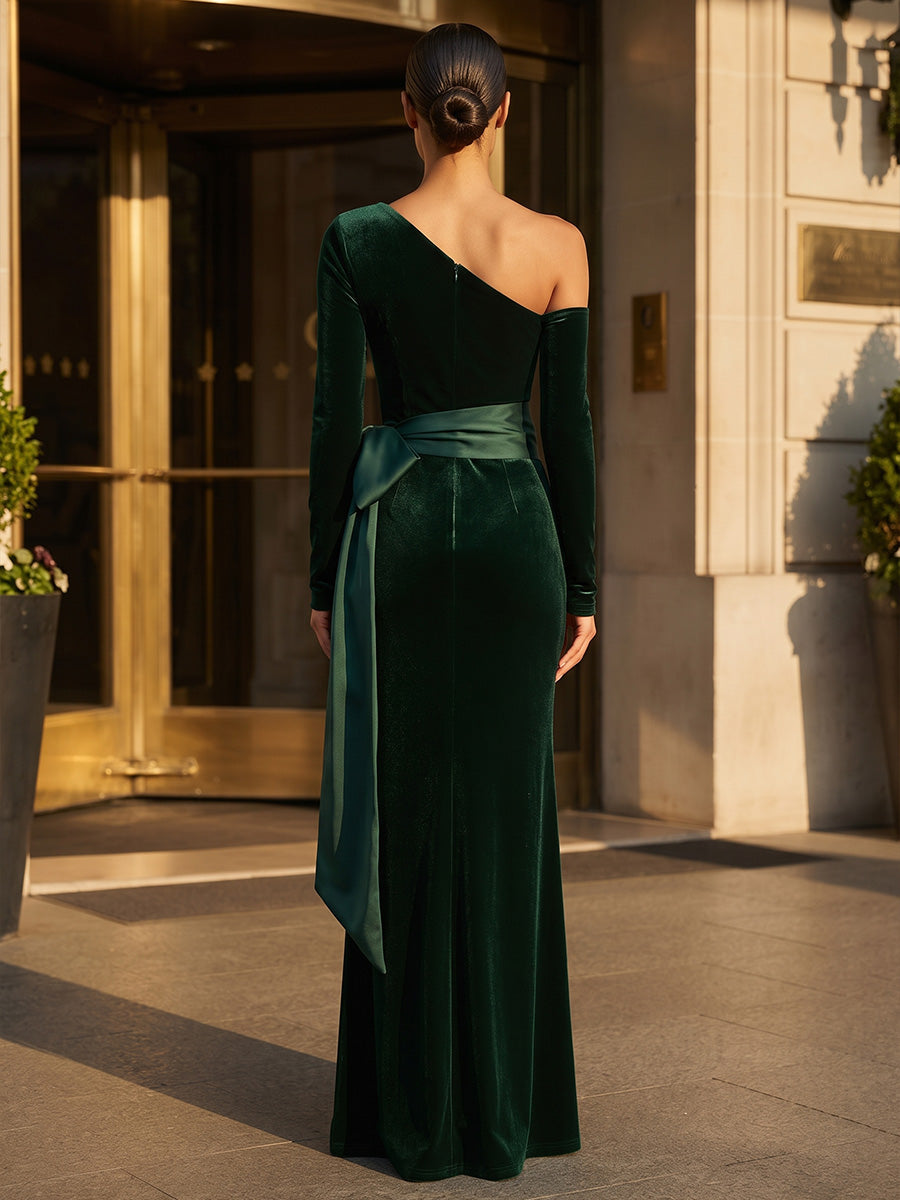 Sheath/Column Off Shoulder Velvet Maxi Formal Dresses with Bow